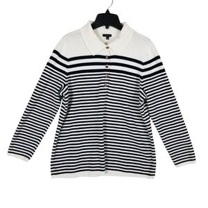 Talbots Polo Sweater Womens 1X White Black Striped Long Sleeve Cotton Blend 69s